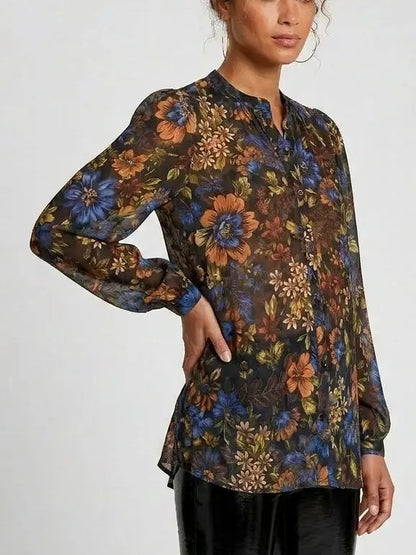 Autumn Botanical Print Silk Blouse - Tops