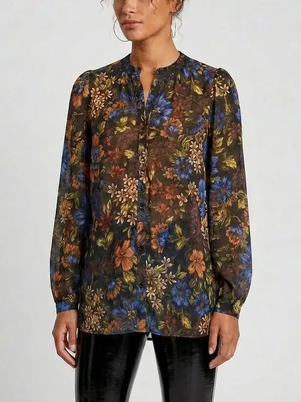 Autumn Botanical Print Silk Blouse - Tops