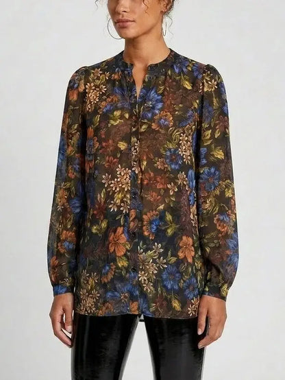 Autumn Botanical Print Silk Blouse - Tops