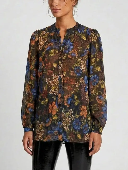 Autumn Botanical Print Silk Blouse - Tops