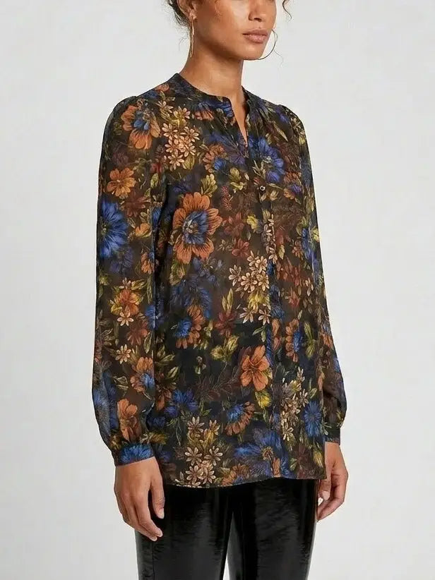 Autumn Botanical Print Silk Blouse - Tops