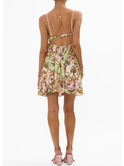 Babydoll-Style Sleeveless Dress in Framed Floral Print