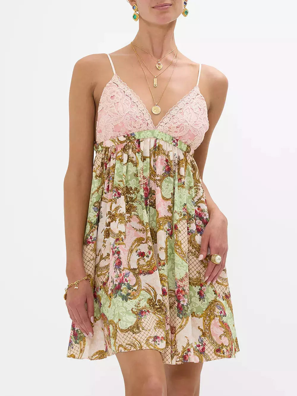Babydoll-Style Sleeveless Dress in Framed Floral Print