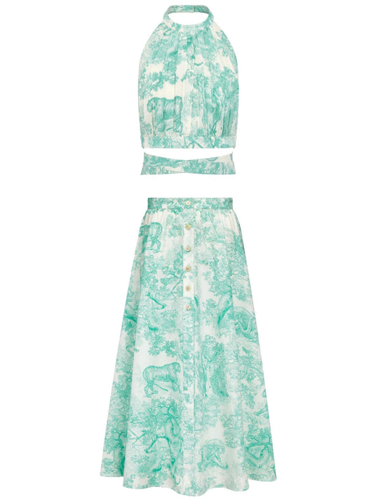 Backless Cropped Top and mid-Length Skirt Set with Toile de Jouy Print - Branna Couture