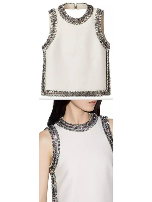 Backless Crystal-Embellished Crêpe Cady Chalk-Colored Top - Branna Couture