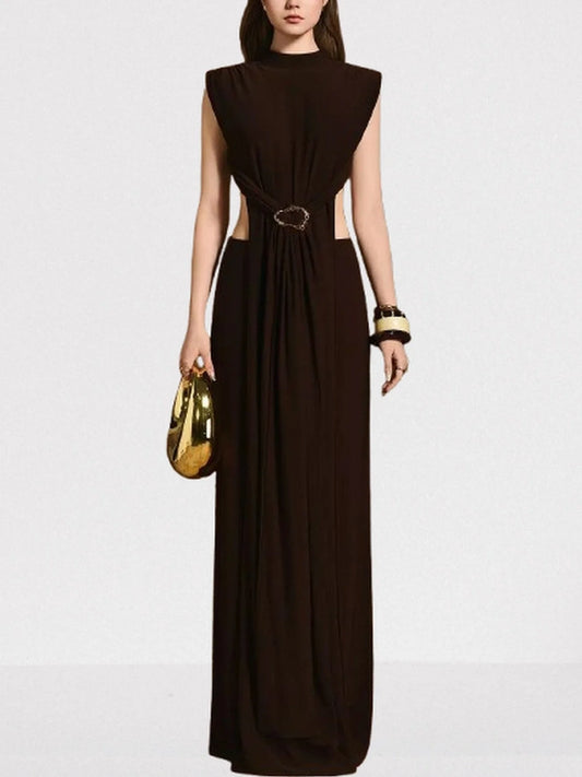 Backless Cut-Out Long Sleeveless Brown Jersey Dress - S - Dresses