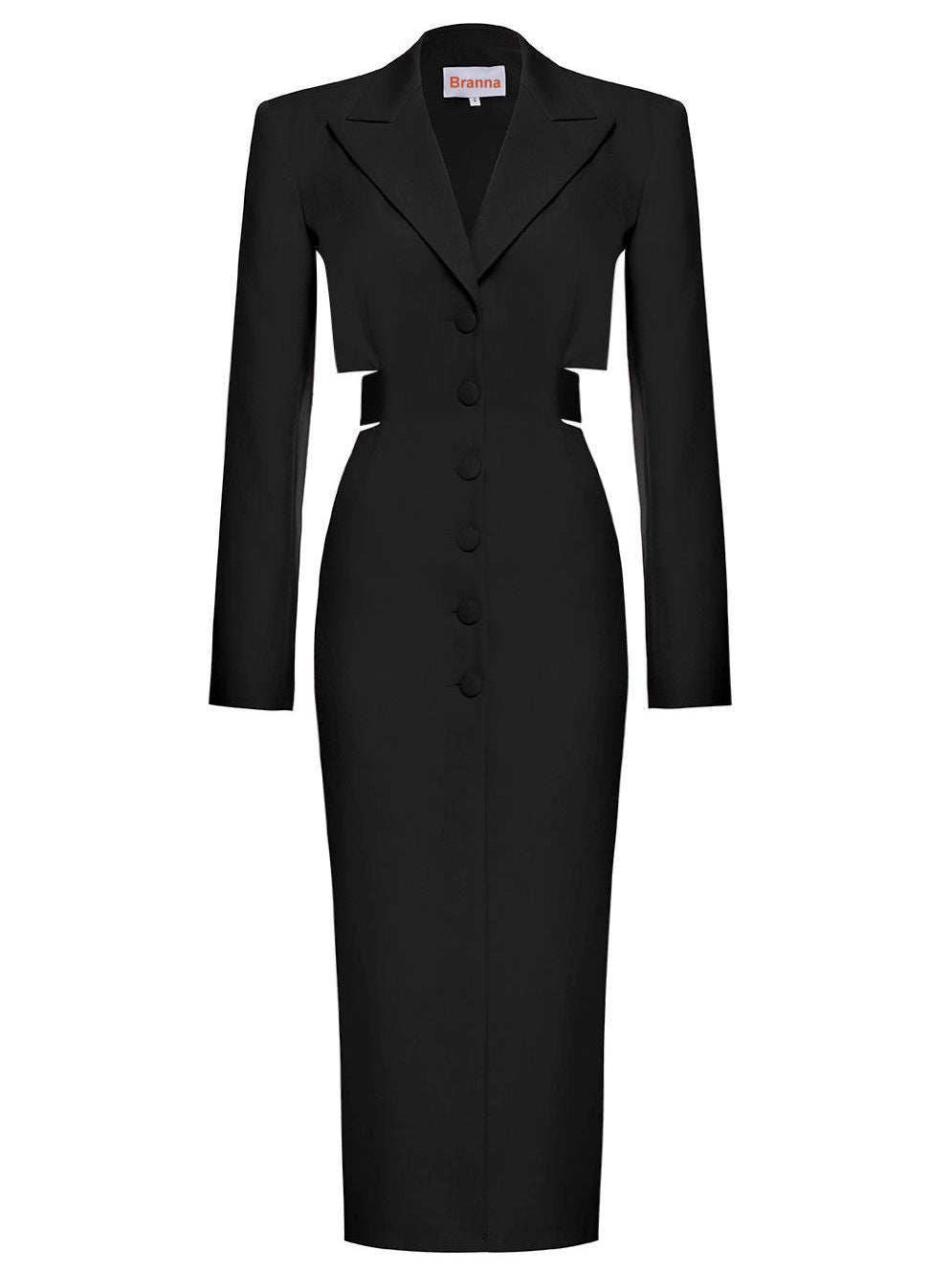 Women’s Backless Cut-Out Single-Breasted Black Midi Dress Branna Couture