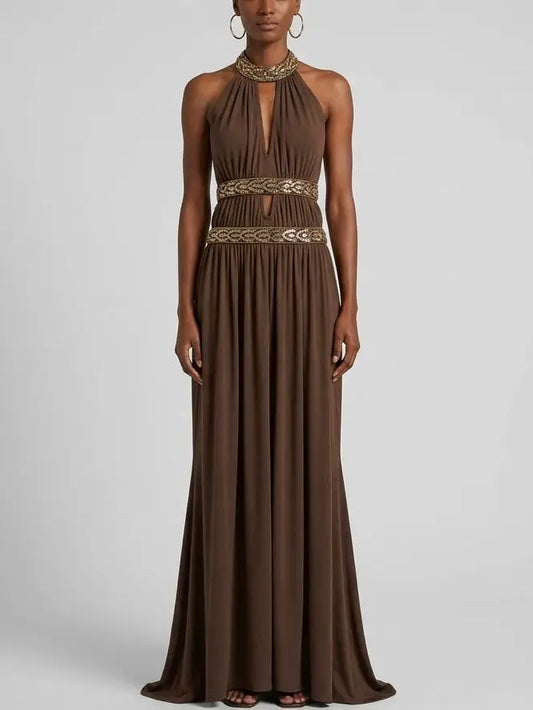 Backless Halter Sequin-Embellished Maxi Dress in Brown - Small - Dresses