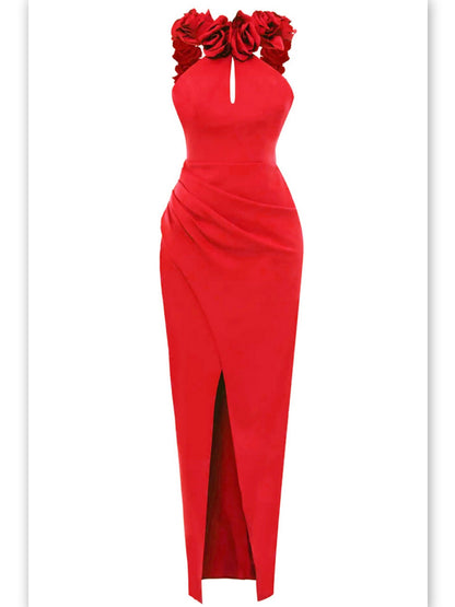 Women’s Backless Red Rose-Appliques Maxi Dress Branna Couture