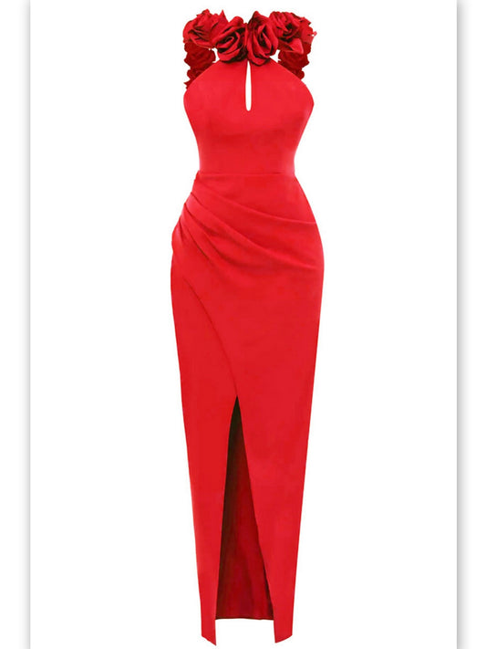 Women’s Backless Red Rose-Appliques Maxi Dress Branna Couture