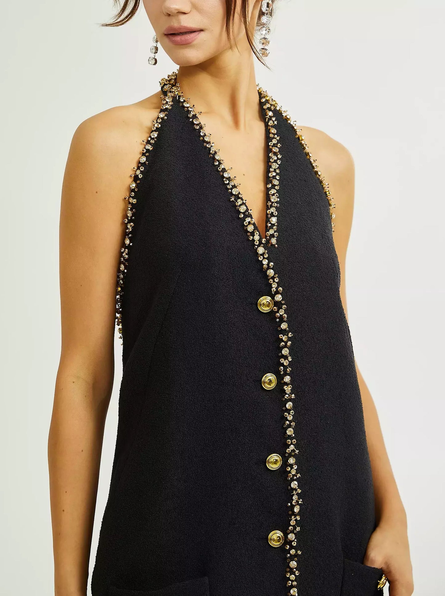 Backless Black Embellished Halter-Neck Mini Dress