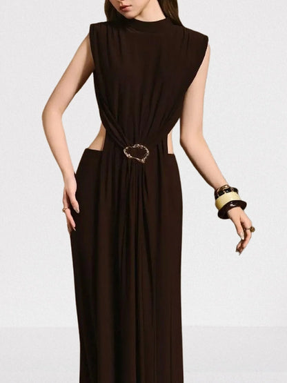 Backless Cut-Out Long Sleeveless Brown Jersey Dress - Dresses