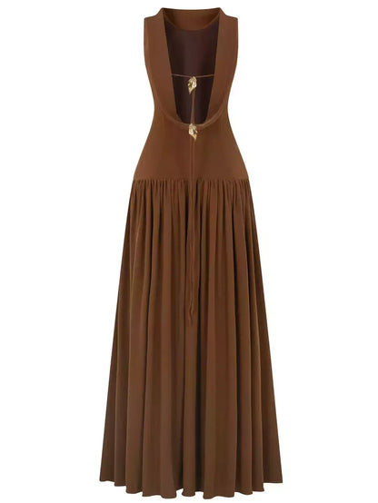 Backless Draped Collar Maxi Dress in Brown Dresses