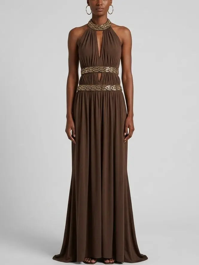 Backless Halter Sequin-Embellished Maxi Dress in Brown - Dresses