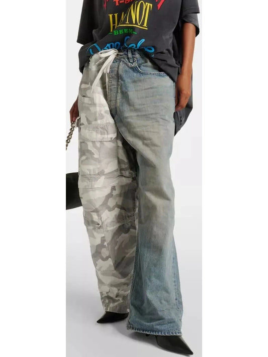 Baggy Hybrid Cargo Camouflage and Denim Pants - Branna Couture