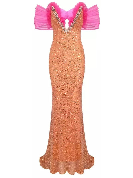 Bardot Off-Shoulder Sequin and Rhinestone Embellished Mesh and Tulle Gown in Fuchsia Pink and Orange - Branna Couture