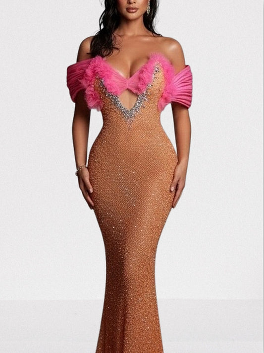 Bardot Off-Shoulder Sequin and Rhinestone Embellished Mesh and Tulle Gown