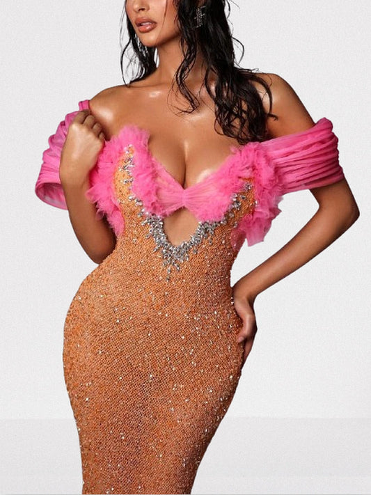 Bardot Off-Shoulder Sequin and Rhinestone Embellished Mesh and Tulle Gown