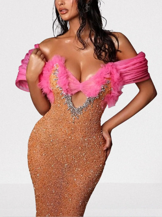 Bardot Off-Shoulder Sequin and Rhinestone Embellished Mesh and Tulle Gown - Dresses