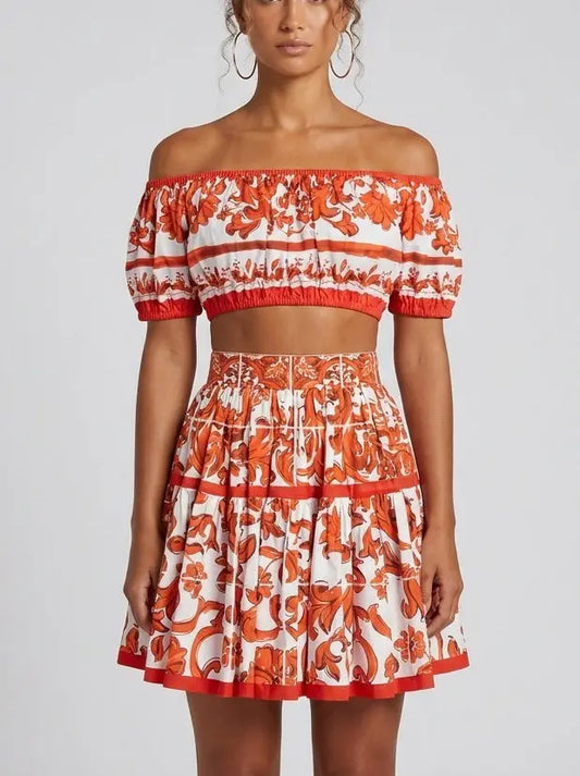 Baroque-Print Off-Shoulder Top and Mini Skirt Set - S - Suits & Sets