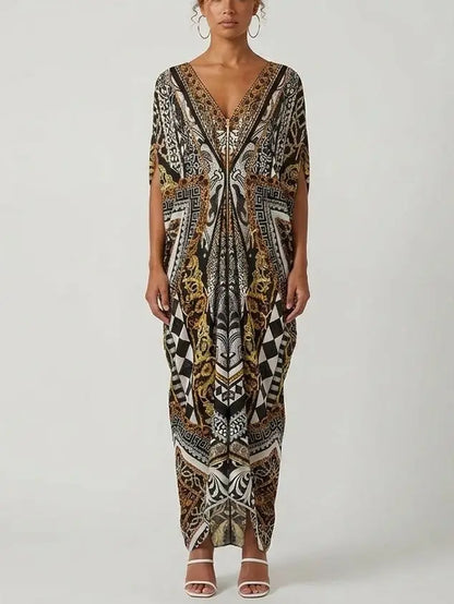 Baroque-Print Silk Zip-Front Kaftan Dress - One size - Dresses