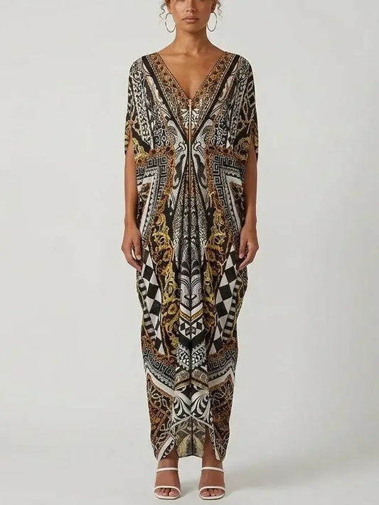 Baroque-Print Silk Zip-Front Kaftan Dress - One size - Dresses
