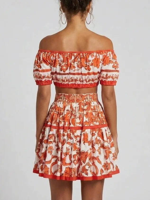 Baroque-Print Off-Shoulder Top and Mini Skirt Set - Suits & Sets