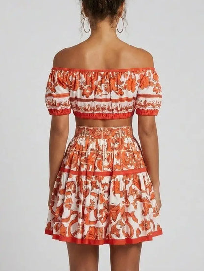 Baroque-Print Off-Shoulder Top and Mini Skirt Set - Suits & Sets