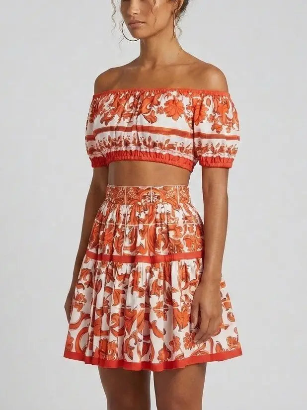 Baroque-Print Off-Shoulder Top and Mini Skirt Set - Suits & Sets