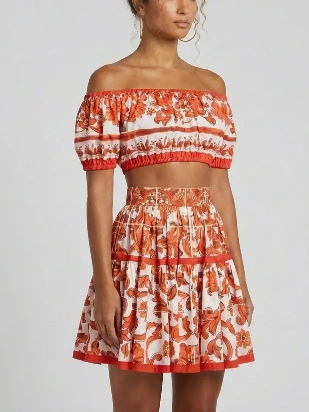 Baroque-Print Off-Shoulder Top and Mini Skirt Set - Suits & Sets