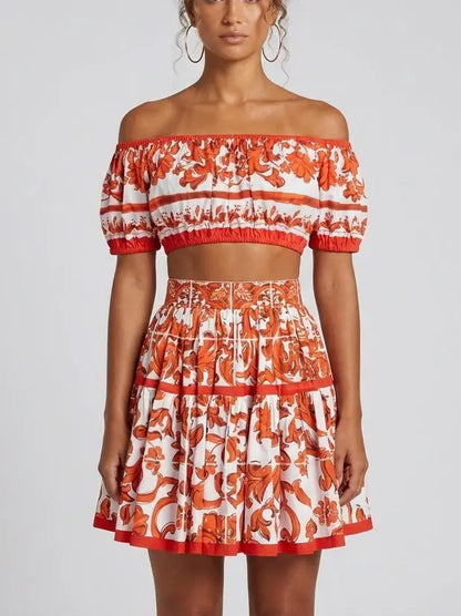 Baroque-Print Off-Shoulder Top and Mini Skirt Set - Suits & Sets