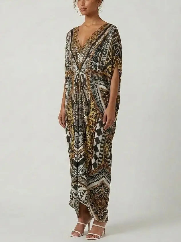 Baroque-Print Silk Zip-Front Kaftan Dress - One size - Dresses