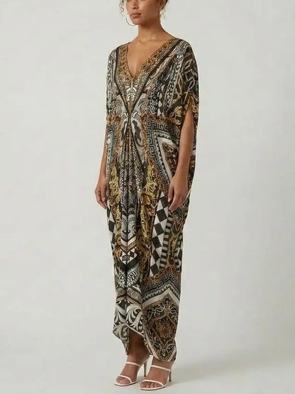 Baroque-Print Silk Zip-Front Kaftan Dress - One size - Dresses