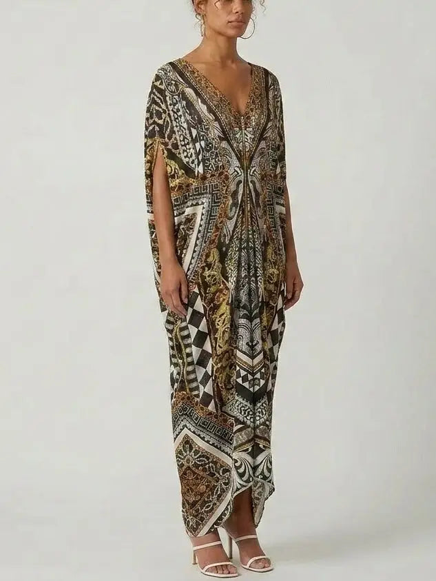 Baroque-Print Silk Zip-Front Kaftan Dress - One size - Dresses