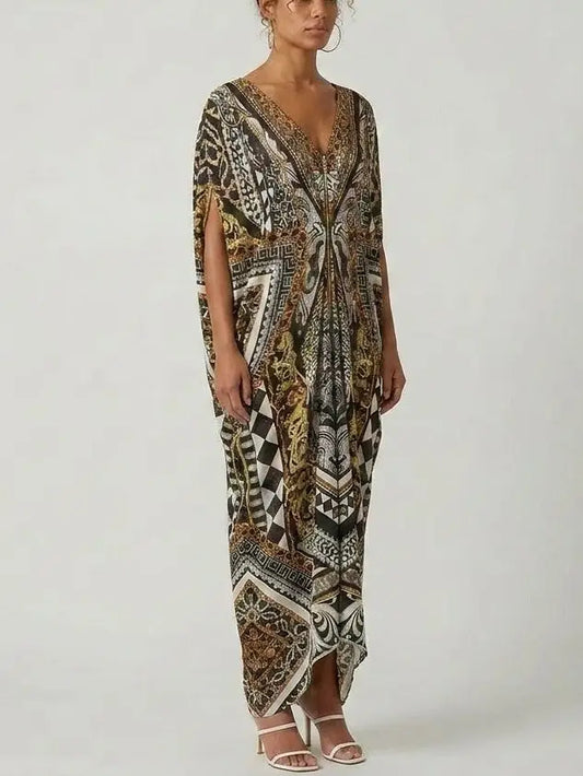 Baroque-Print Silk Zip-Front Kaftan Dress - One size - Dresses