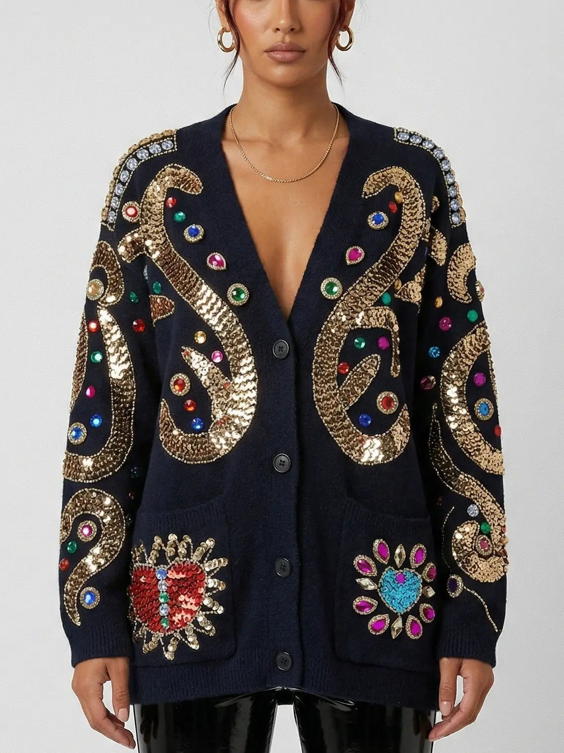 Baroque Embellished Oversize Black Cardigan - S - Sweaters & Knitwear