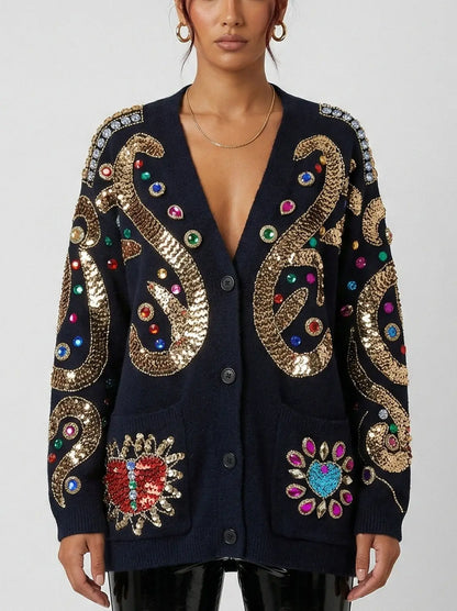 Baroque Embellished Oversize Black Cardigan - S - Sweaters & Knitwear