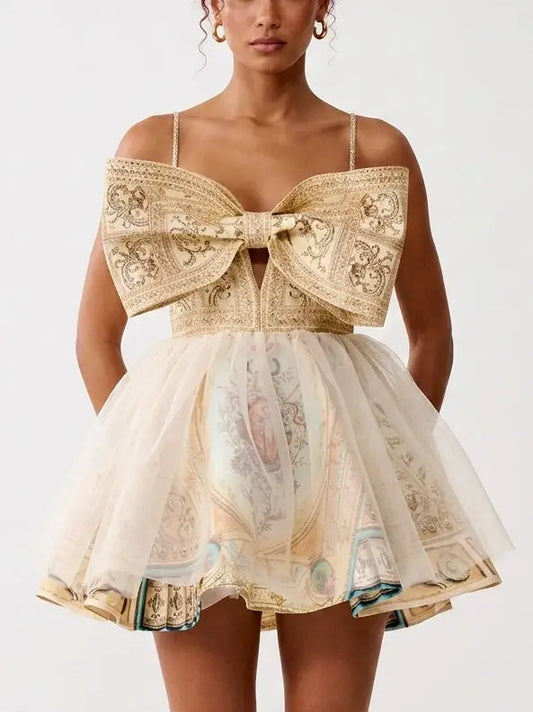 Baroque Print Bow Front Silk Flared Mini Dress - XS - Dresses
