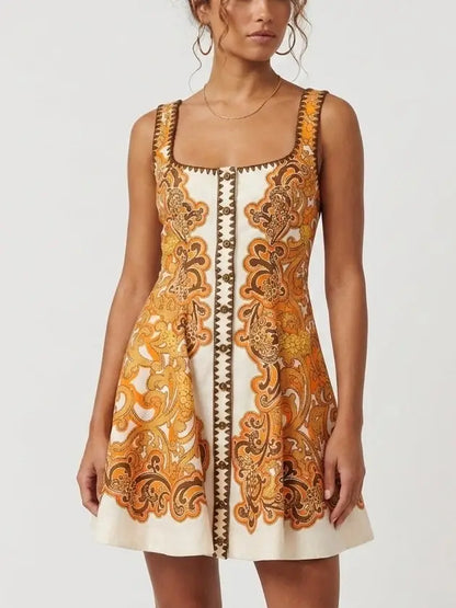 Baroque Print Cotton Blend Fit and Flare Mini Dress - S - Dresses