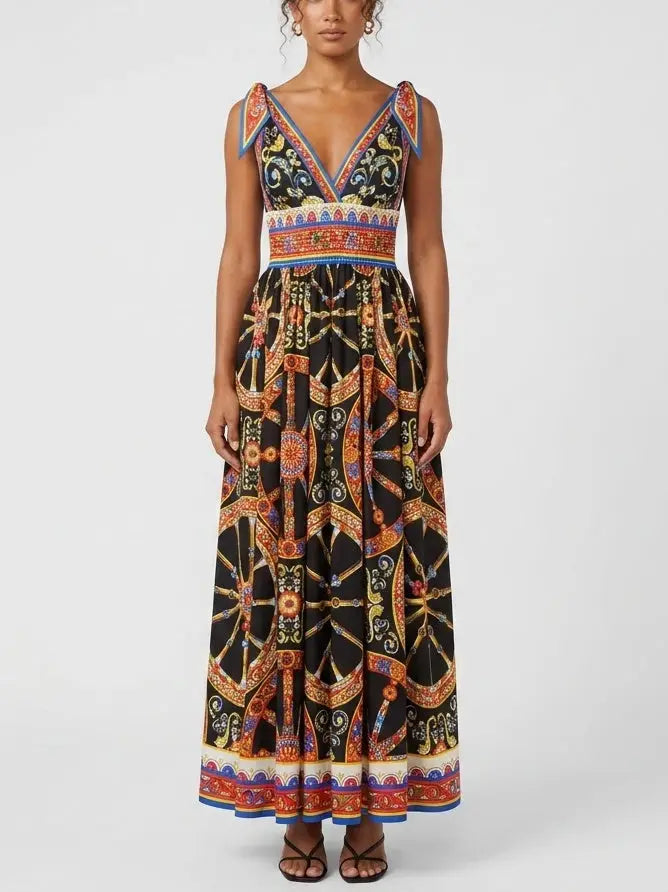 Baroque Print Cotton Maxi Dress - S - Dresses