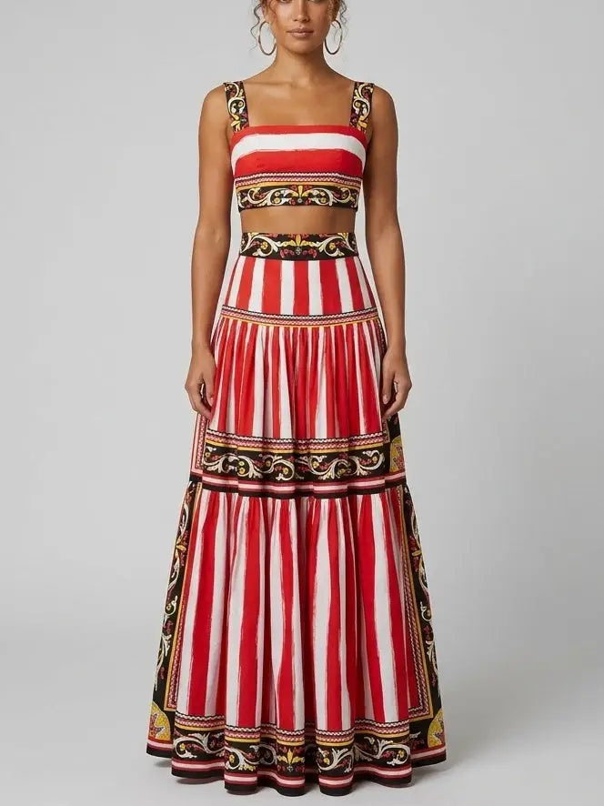 Baroque Stripe Crop Top and Tiered Maxi Skirt Set - S - Suits & Sets