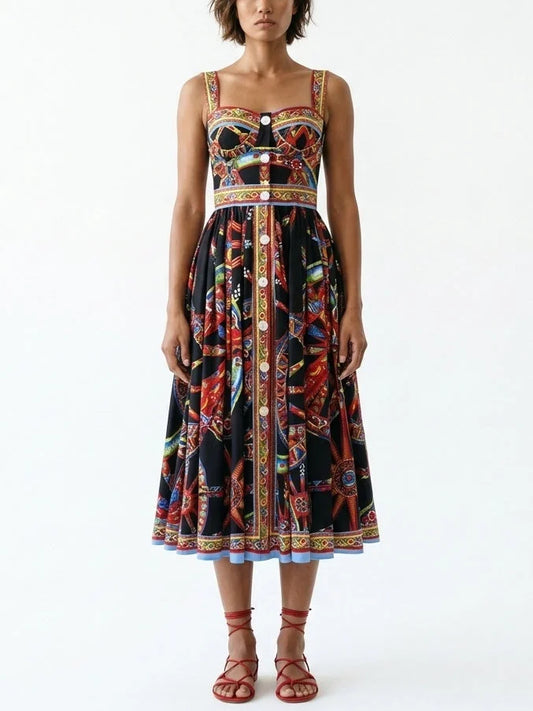 Crêpe V-Neck Multicolored Maxi Dress - S - Dresses