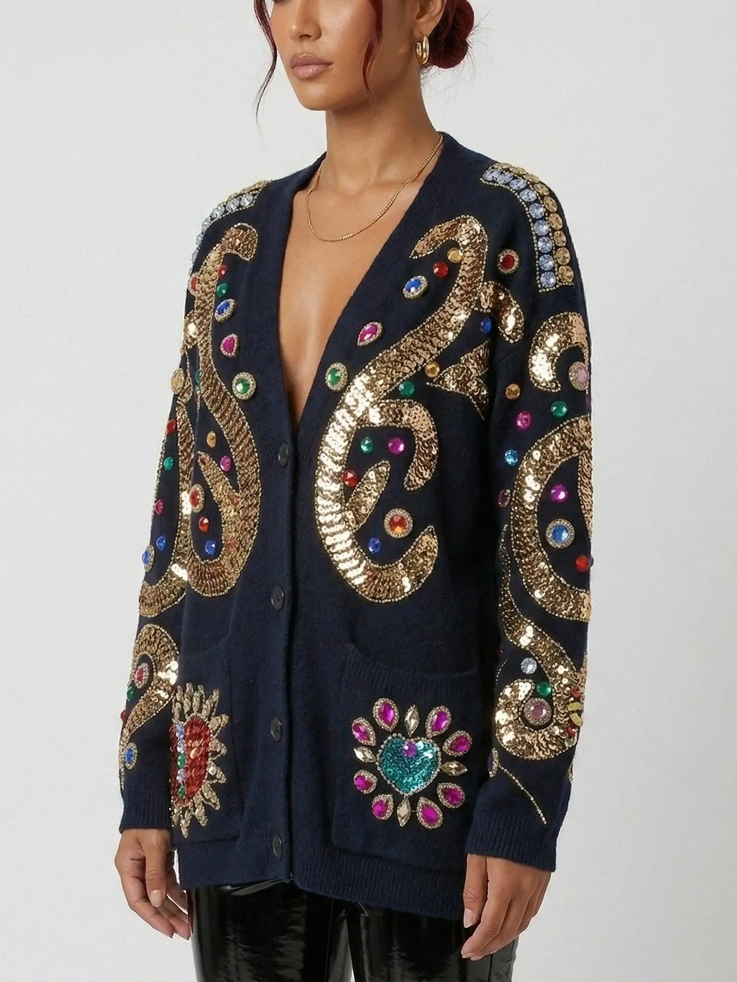 Baroque Embellished Oversize Black Cardigan - Sweaters & Knitwear