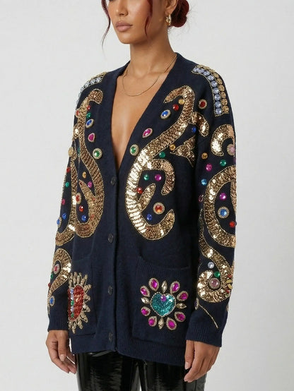 Baroque Embellished Oversize Black Cardigan - Sweaters & Knitwear