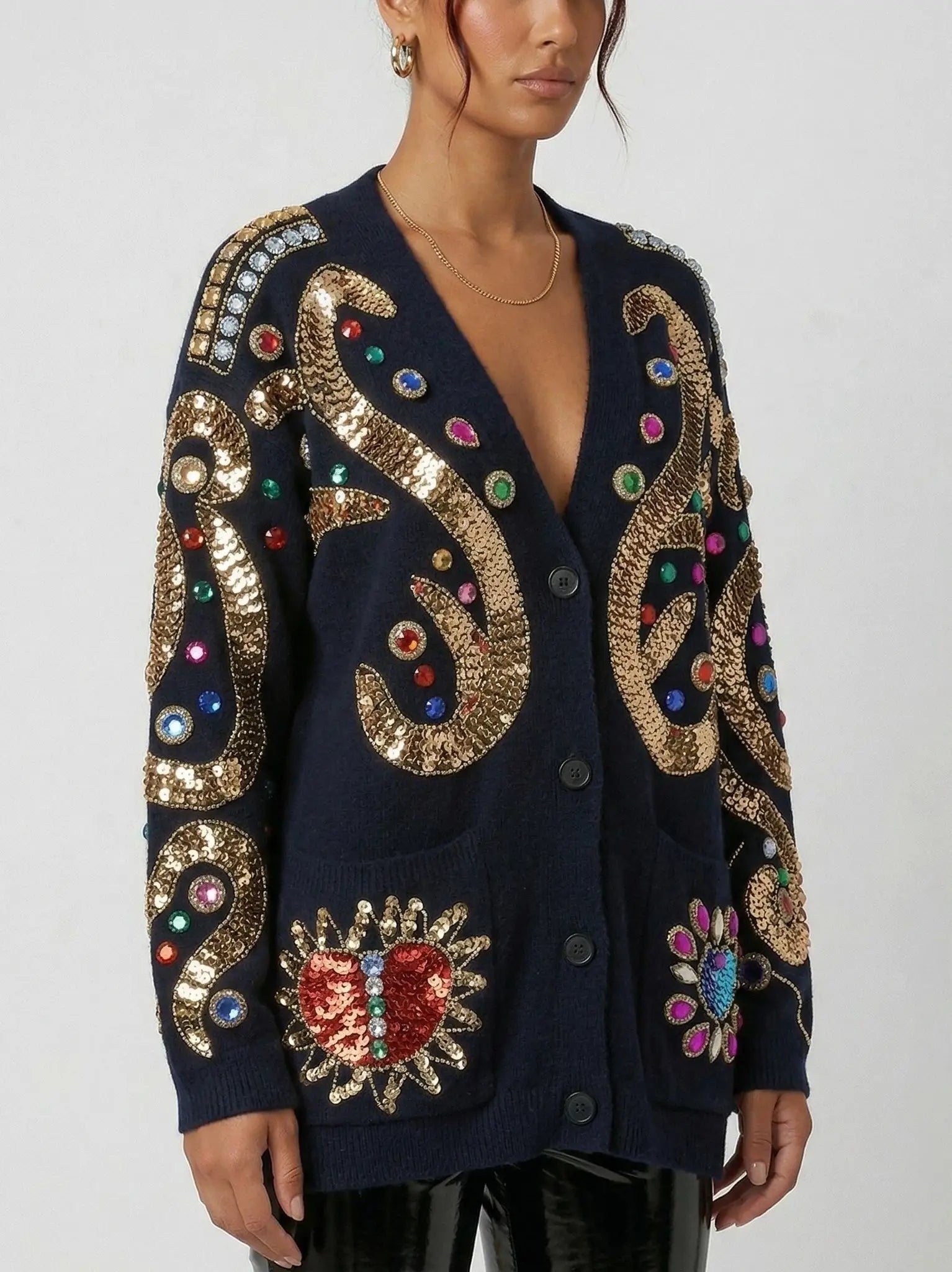 Baroque Embellished Oversize Black Cardigan - Sweaters & Knitwear