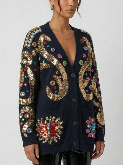 Baroque Embellished Oversize Black Cardigan - Sweaters & Knitwear