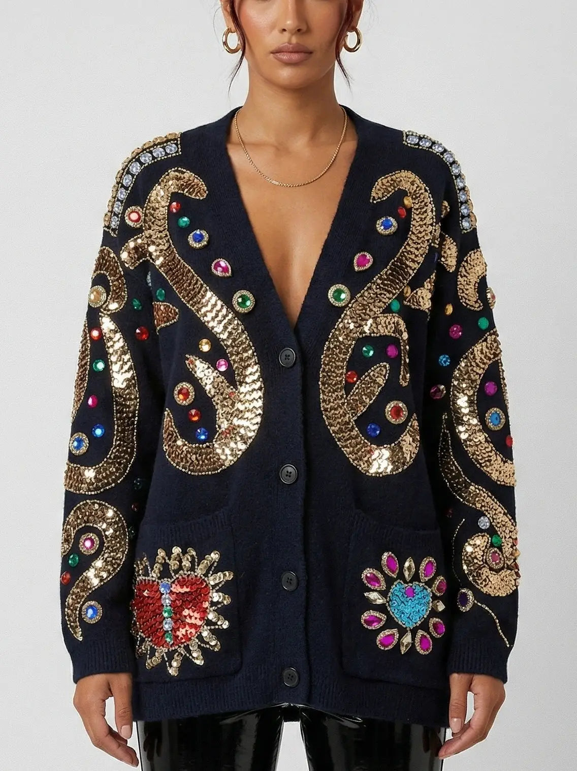 Baroque Embellished Oversize Black Cardigan - Sweaters & Knitwear