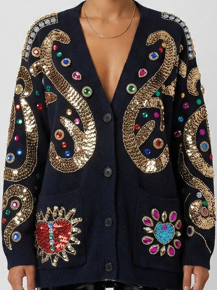 Baroque Embellished Oversize Black Cardigan - Sweaters & Knitwear