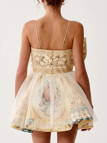 Baroque Print Bow Front Silk Flared Mini Dress - Dresses