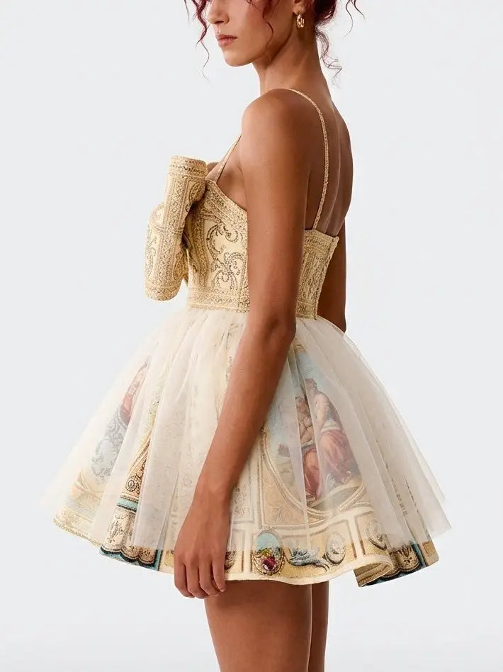 Baroque Print Bow Front Silk Flared Mini Dress - Dresses